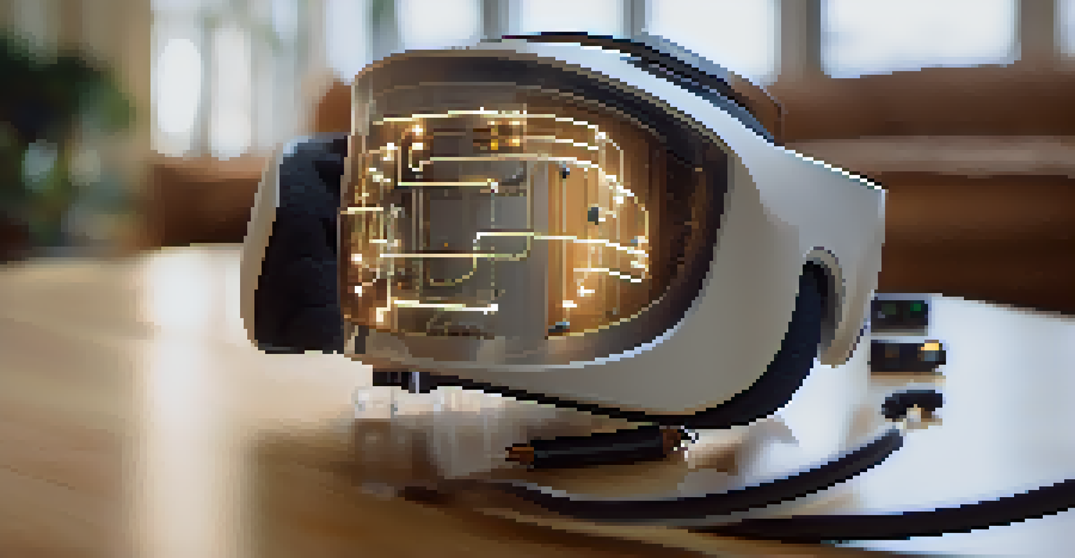 Close-up of a wearable EEG device with sensors, set in a cozy living room background.