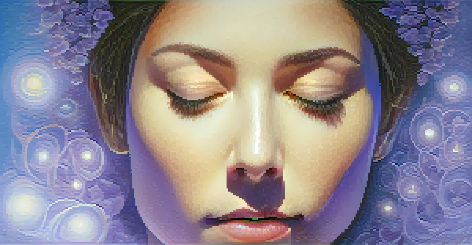 A close-up of a meditating person with a glowing light halo and a serene expression.