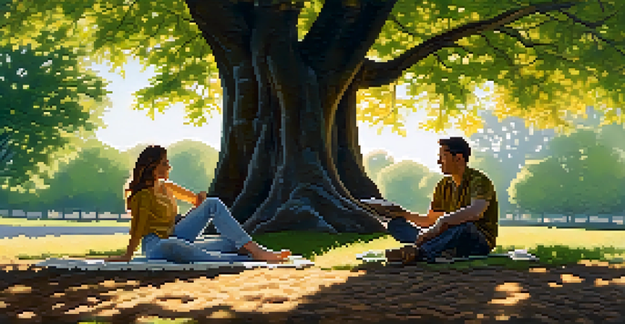 A couple sitting on a blanket under a tree, having a deep conversation in a serene outdoor setting.