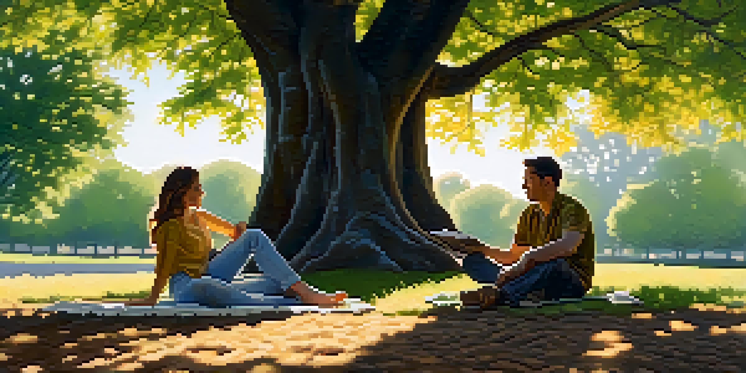 A couple sitting on a blanket under a tree, having a deep conversation in a serene outdoor setting.
