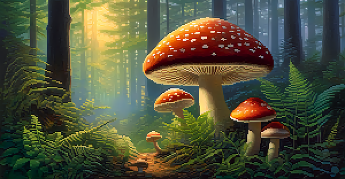 A tranquil forest at twilight with golden light, green ferns, and colorful mushrooms, surrounded by mist and small woodland creatures.