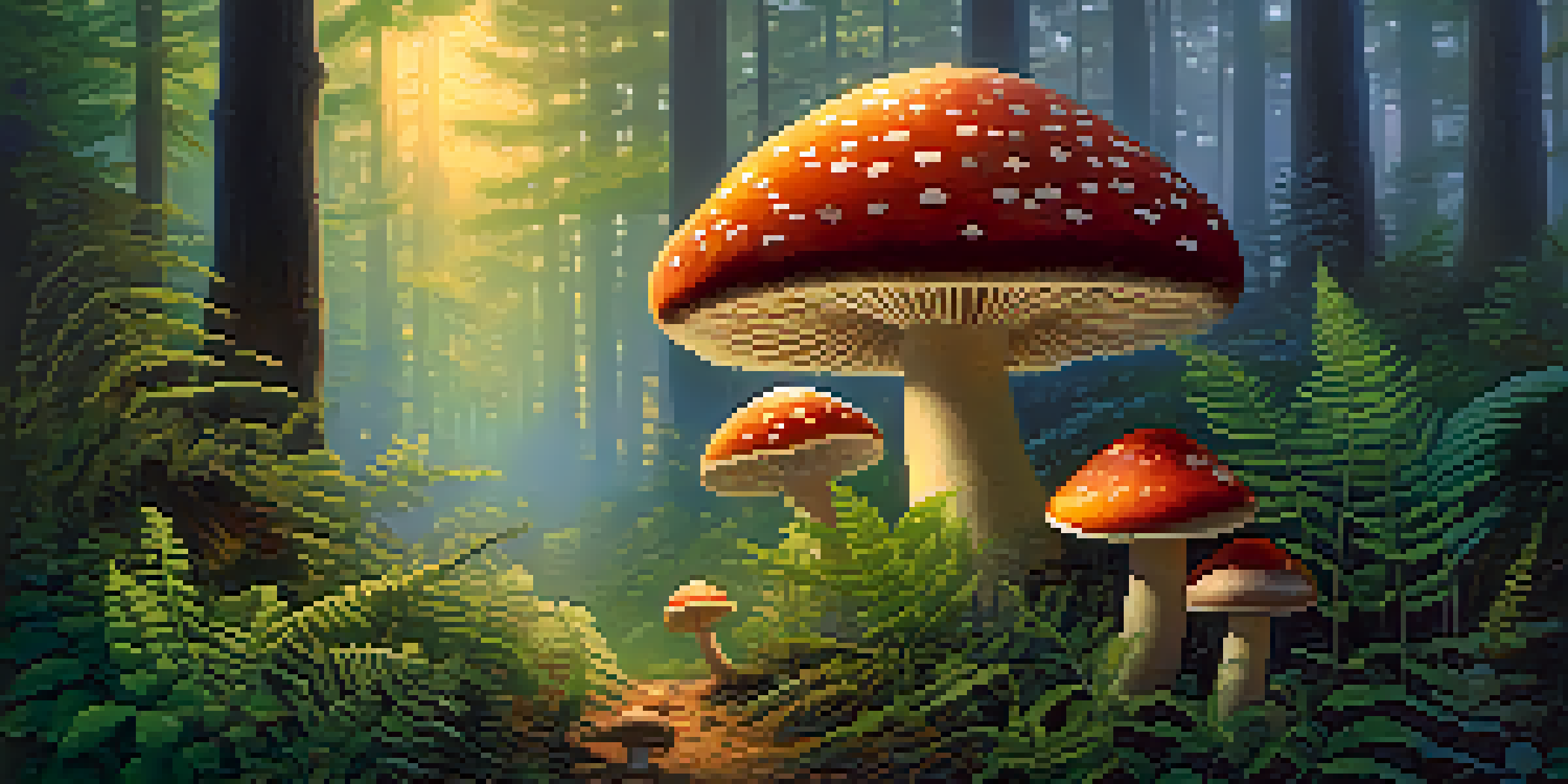 A tranquil forest at twilight with golden light, green ferns, and colorful mushrooms, surrounded by mist and small woodland creatures.