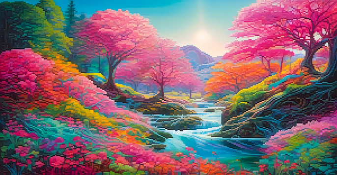 A colorful, psychedelic landscape with swirling patterns and natural elements, illuminated by soft, warm lighting.