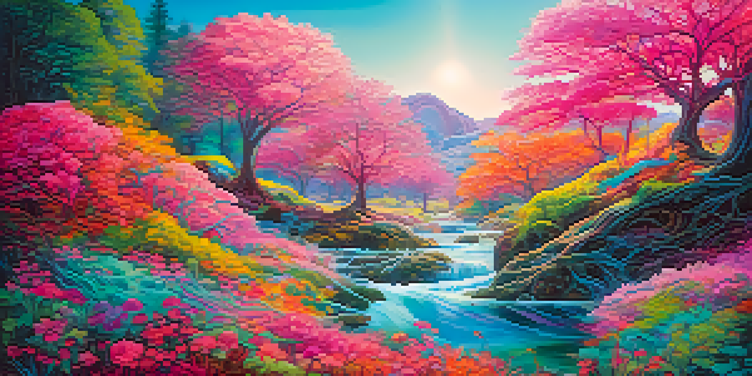 A colorful, psychedelic landscape with swirling patterns and natural elements, illuminated by soft, warm lighting.