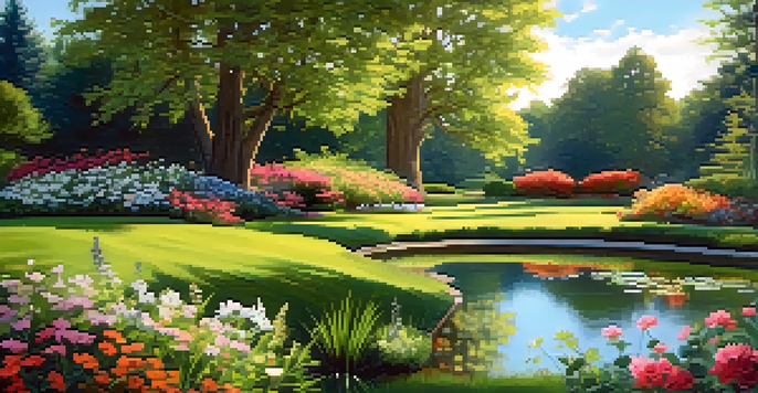 A peaceful garden scene with blooming flowers, green grass, and a pond under soft sunlight.