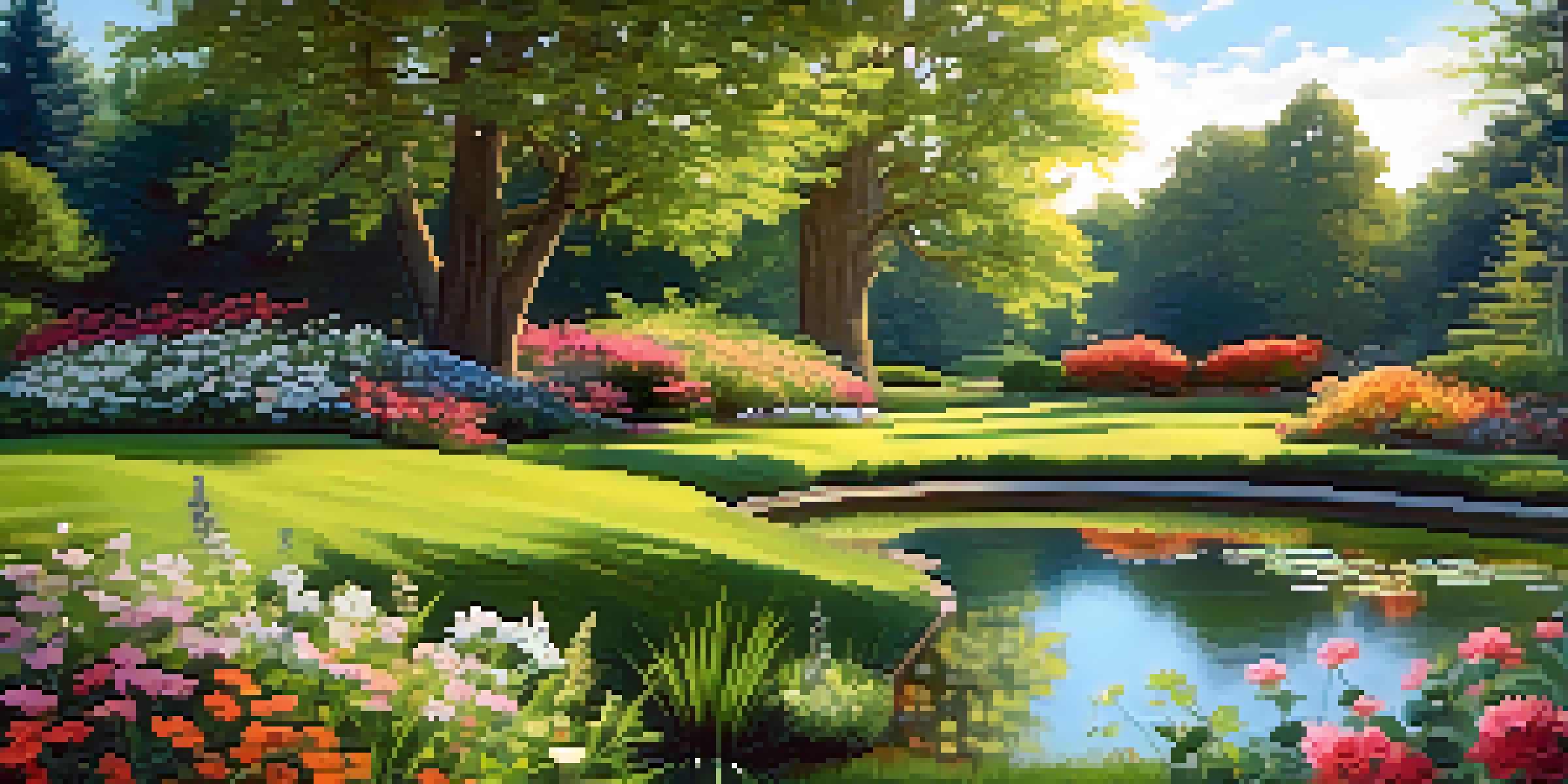 A peaceful garden scene with blooming flowers, green grass, and a pond under soft sunlight.