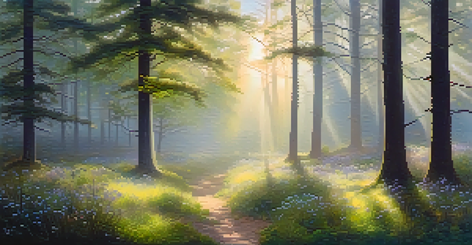 A tranquil forest scene at dawn with sunlight filtering through the trees and wildflowers in a clearing.