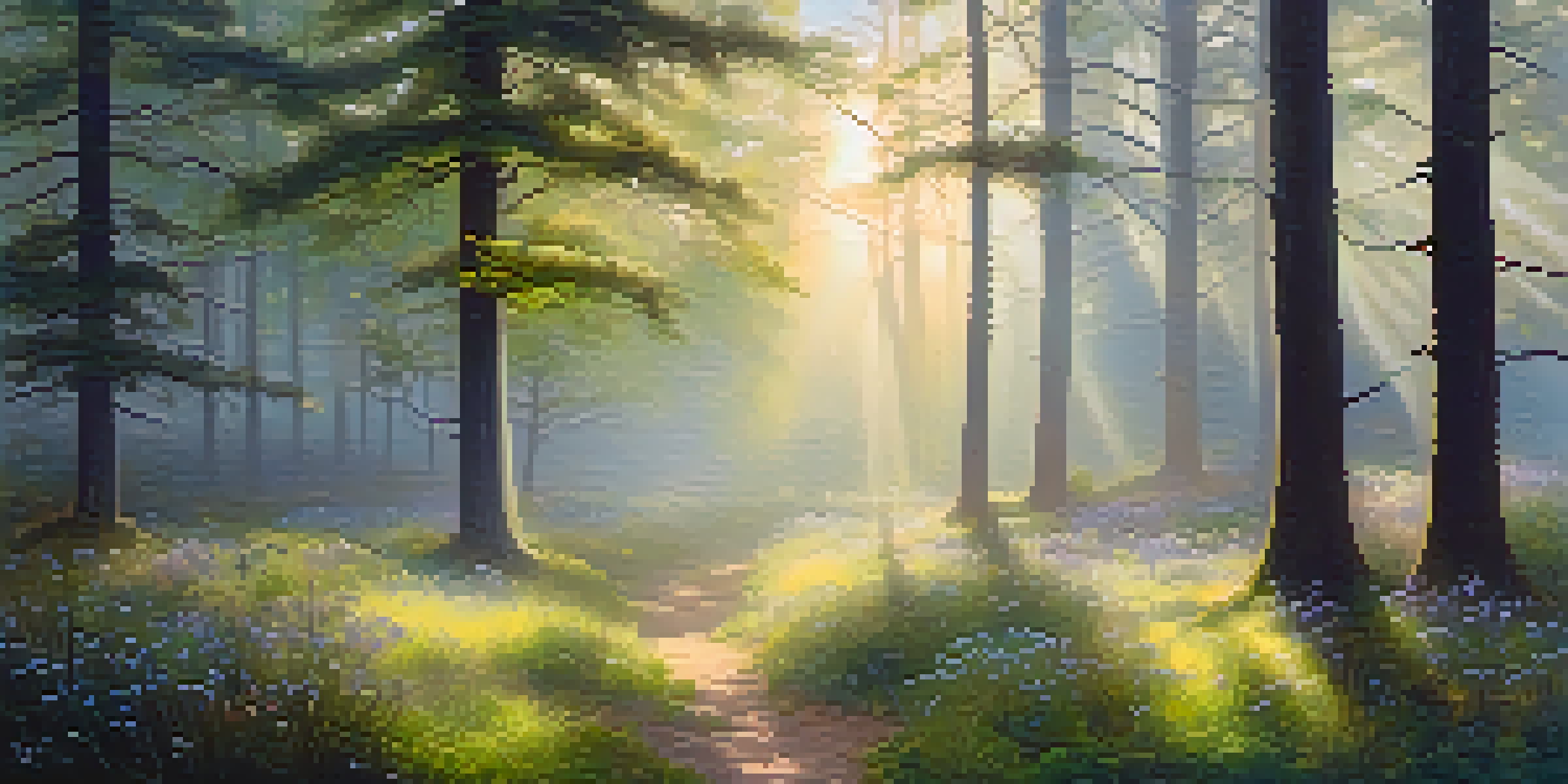 A tranquil forest scene at dawn with sunlight filtering through the trees and wildflowers in a clearing.