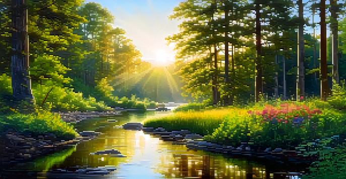 A peaceful forest scene at dawn with sunlight filtering through trees and a reflective stream.