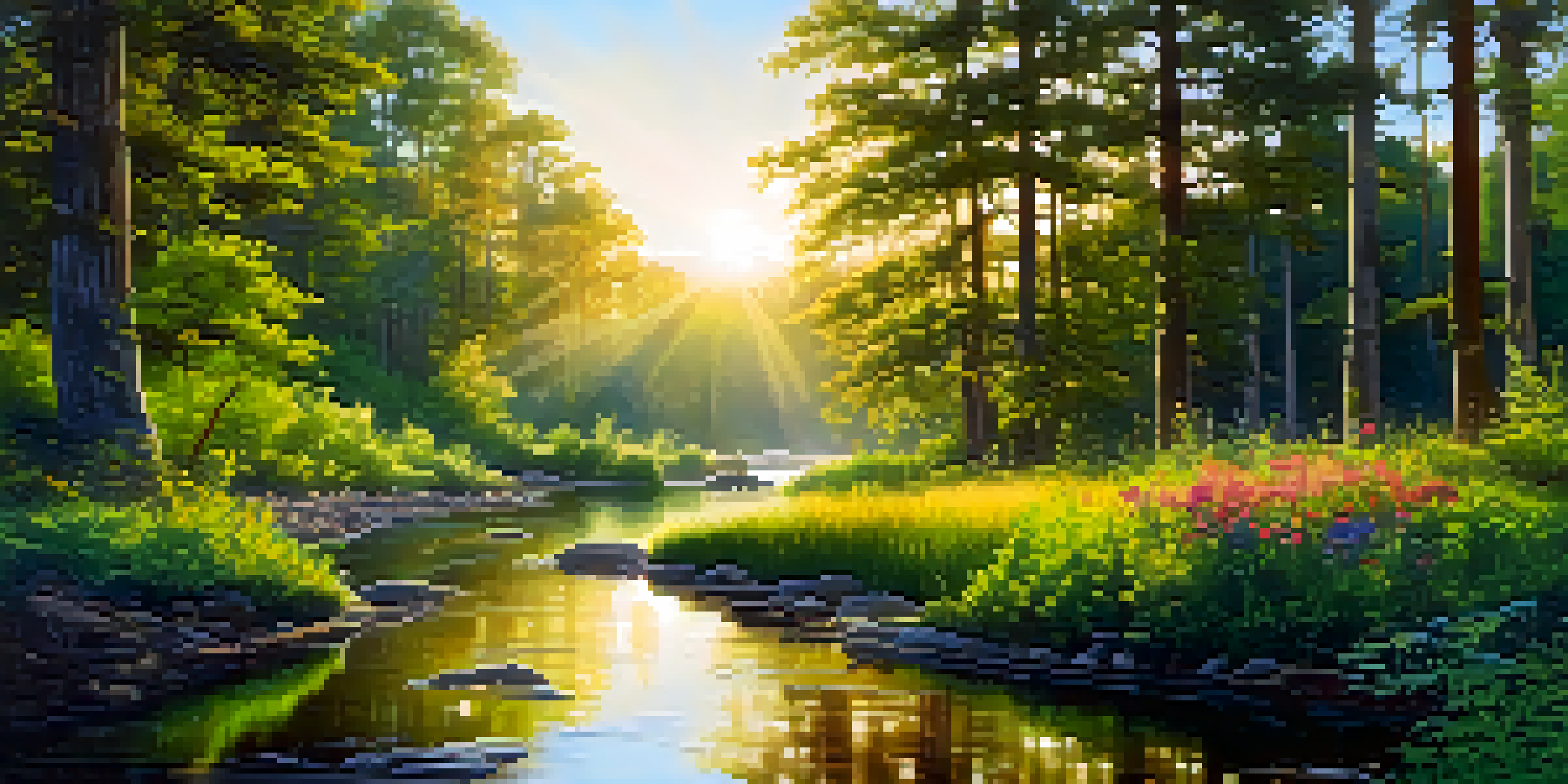 A peaceful forest scene at dawn with sunlight filtering through trees and a reflective stream.