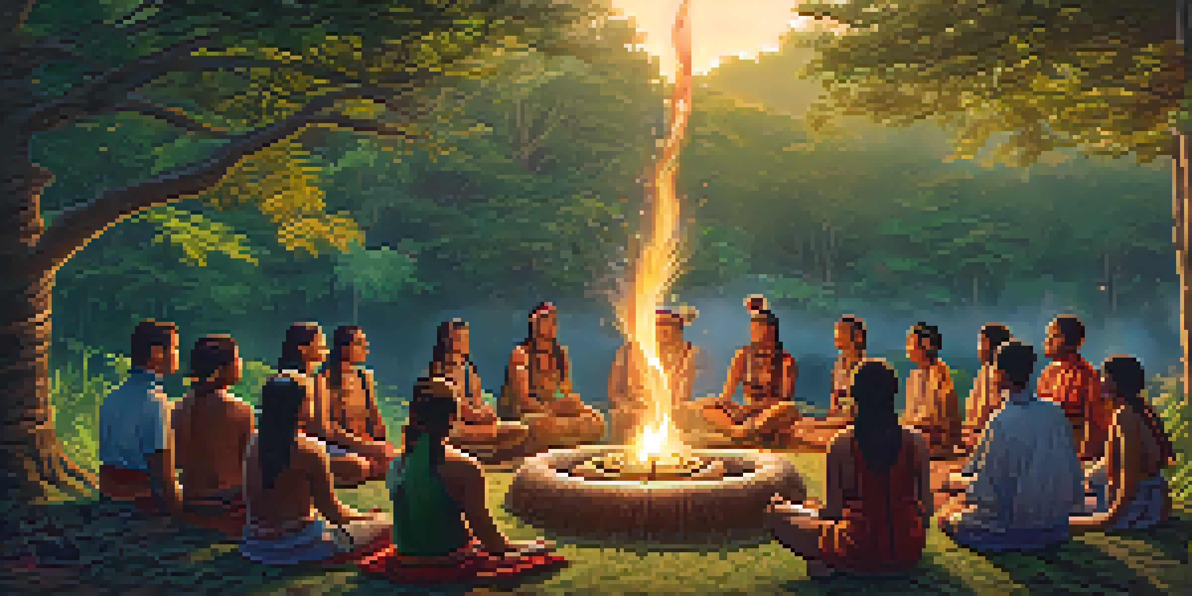 A peaceful indigenous setting with a traditional ayahuasca ceremony, featuring diverse participants sitting in a circle around a glowing fire, surrounded by lush greenery and softly filtered golden light.