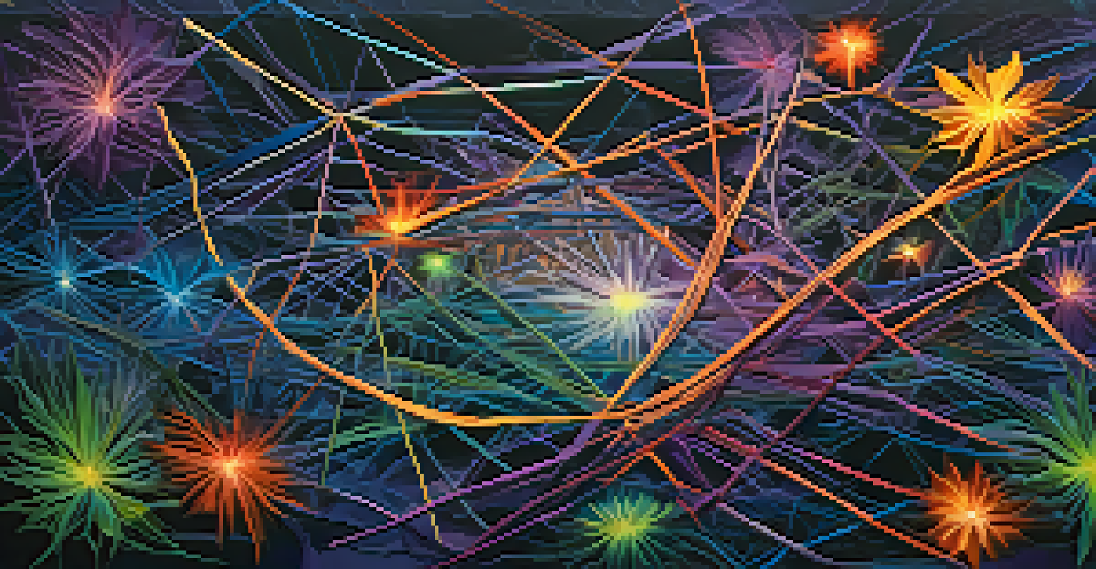 An abstract image showing a web of colorful threads among natural elements, set against a cosmic background.