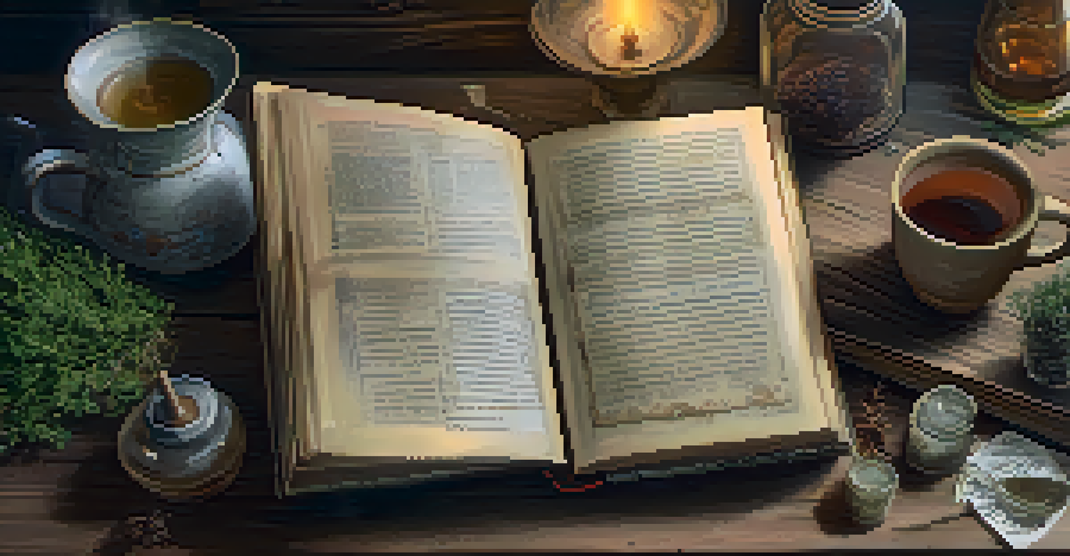 A close-up of an open vintage book with handwritten notes and sketches, surrounded by a cup of tea and dried herbs on a wooden table.