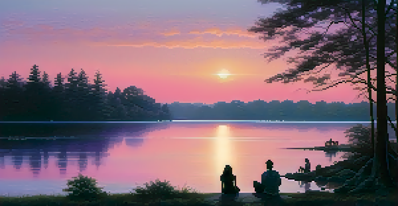 A lakeside scene at dusk with pastel colors in the sky, reflecting on the water, and silhouettes of people enjoying the serene atmosphere.