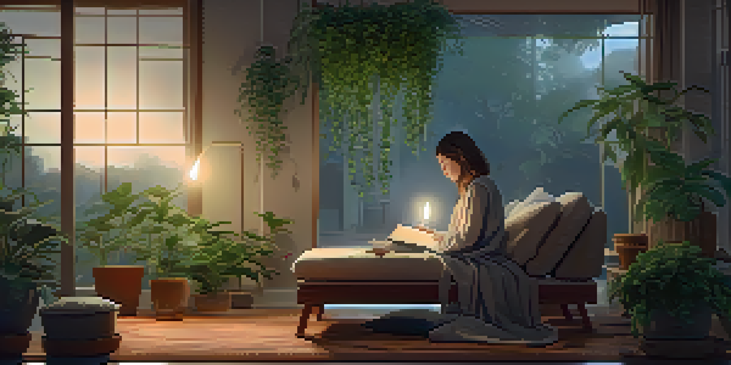 A peaceful indoor space with soft lighting and a person sitting comfortably, reflecting and surrounded by calming elements.