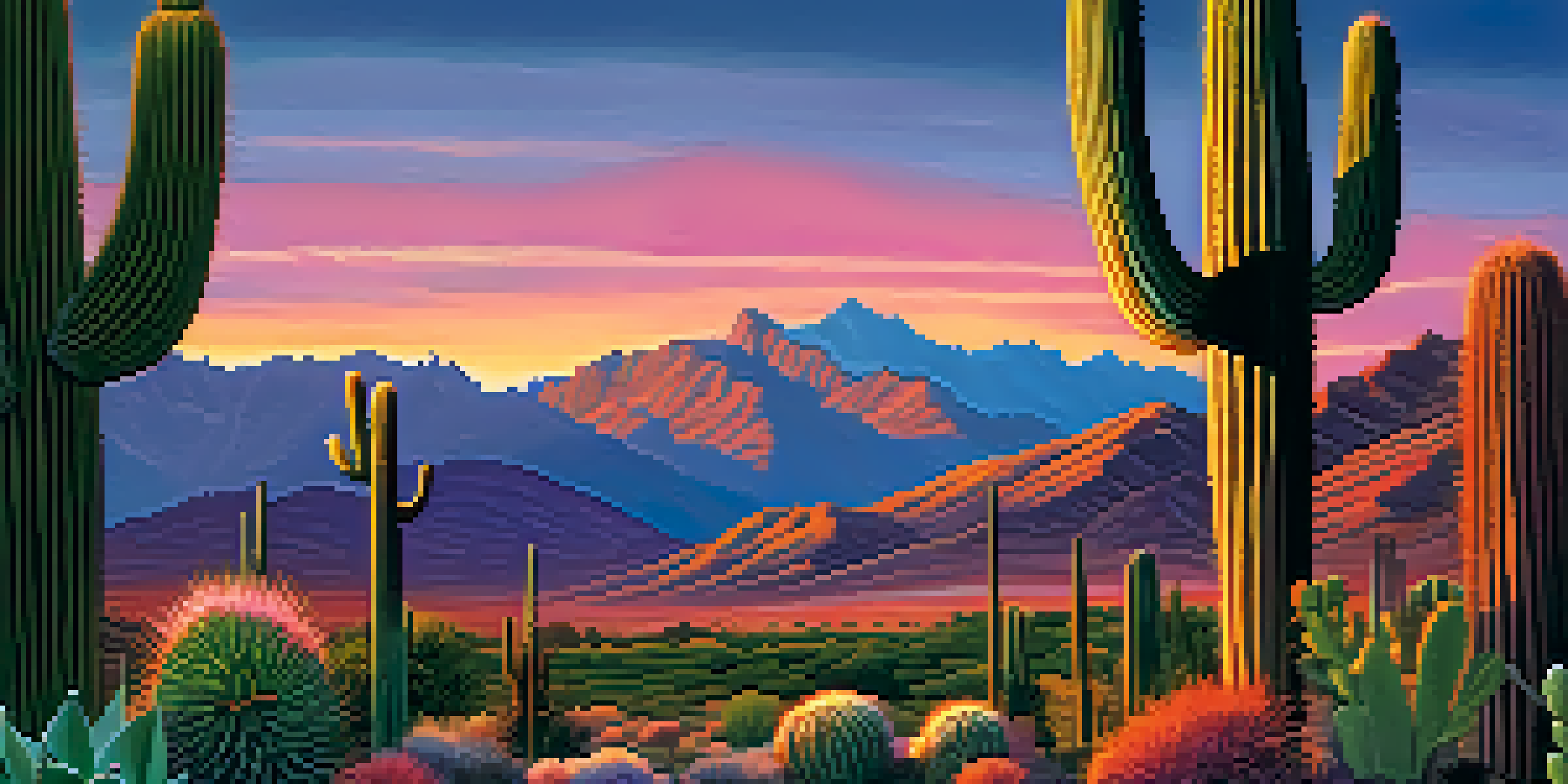 A vibrant Andean landscape with a San Pedro cactus in the foreground and majestic mountains in the background during sunset.