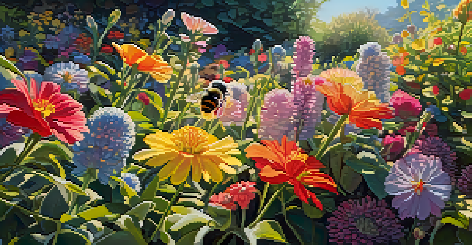 A colorful flower garden with sunlight filtering through the petals, showcasing vibrant blooms.