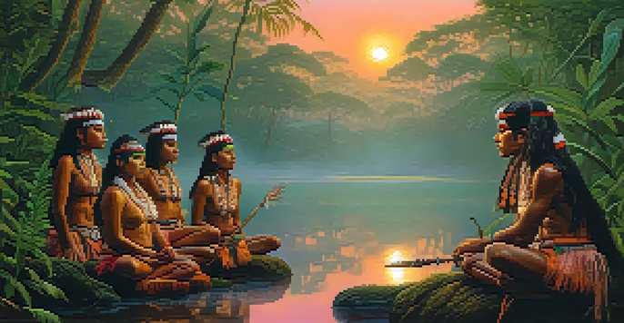 An indigenous tribe in traditional attire performing a ritual in the Amazon rainforest at dawn, surrounded by lush green foliage and a colorful sunrise.
