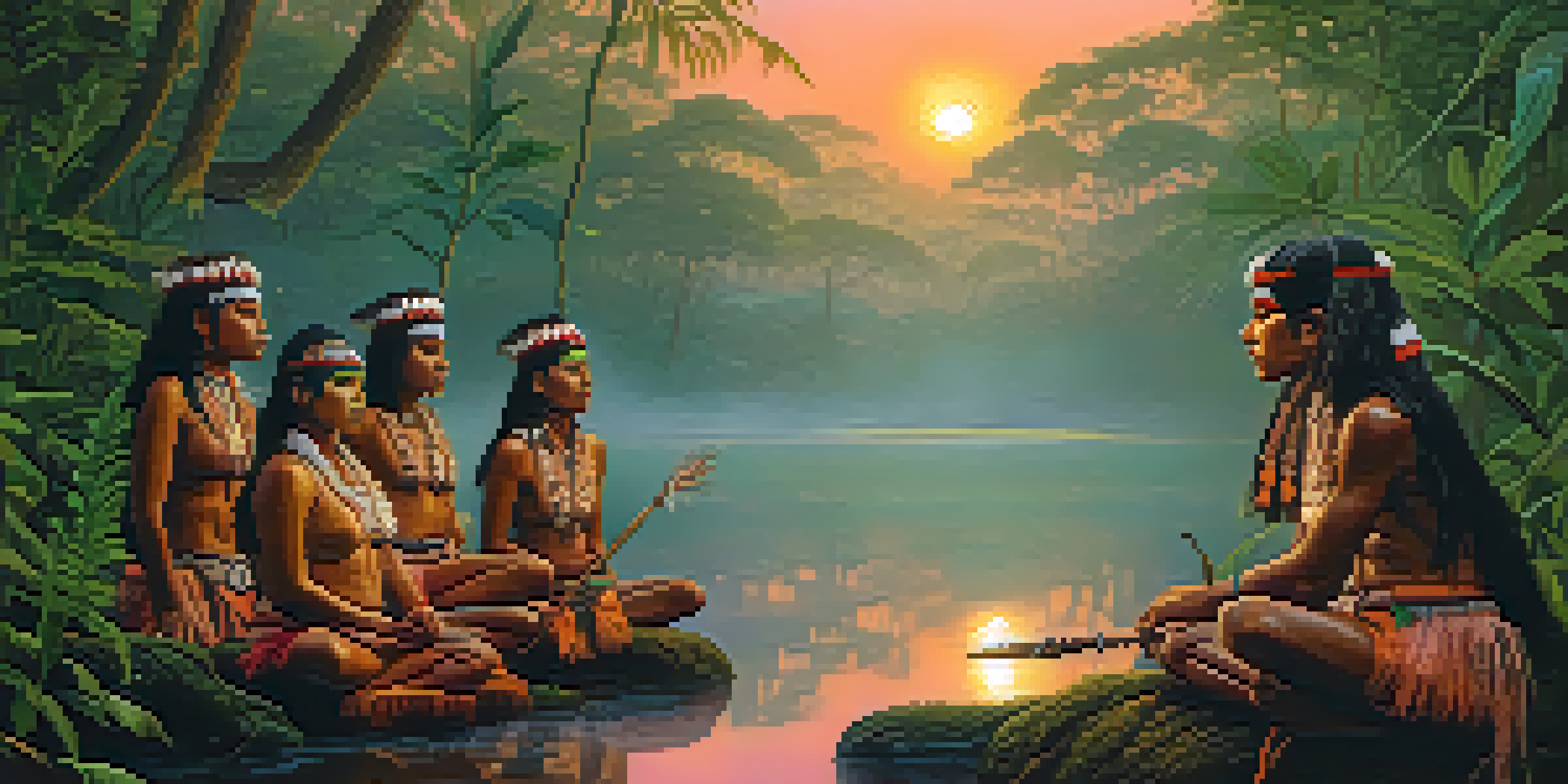 An indigenous tribe in traditional attire performing a ritual in the Amazon rainforest at dawn, surrounded by lush green foliage and a colorful sunrise.