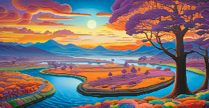 A colorful, abstract psychedelic landscape with a winding river and whimsical trees, illuminated by soft light.