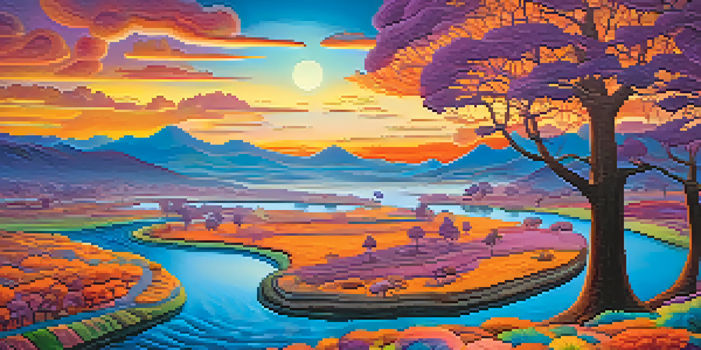 A colorful, abstract psychedelic landscape with a winding river and whimsical trees, illuminated by soft light.