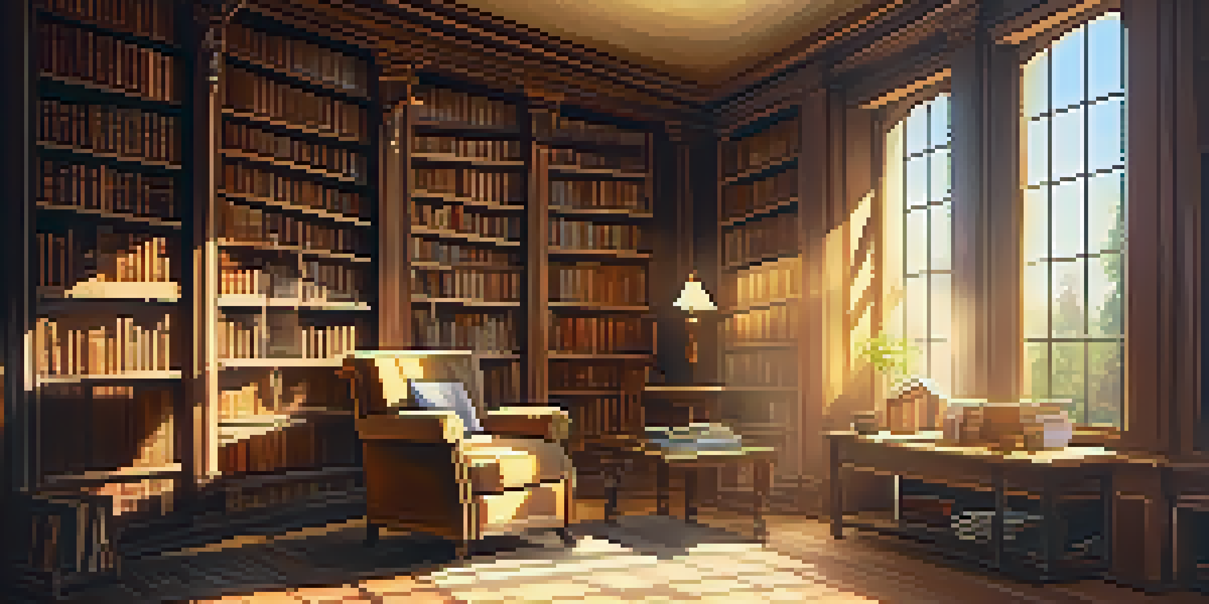 A cozy library with wooden bookshelves and sunlight streaming through windows, featuring a reading nook with an armchair and a cup of coffee.