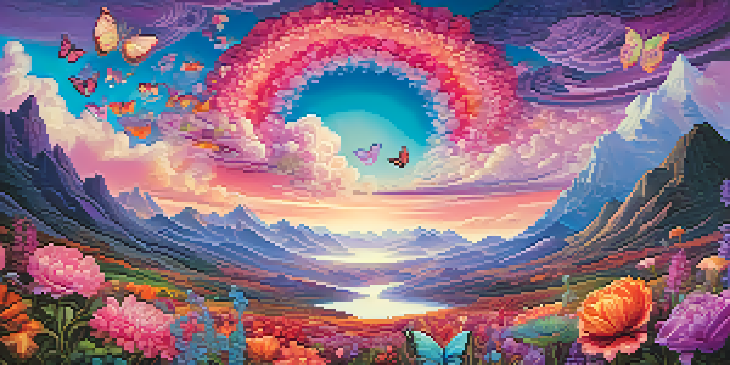 A colorful and surreal landscape with oversized flowers, whimsical shapes, and a gradient sky filled with swirling clouds and abstract patterns.