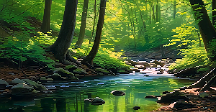 A tranquil forest landscape with sunlight filtering through trees and a clear stream in the foreground.