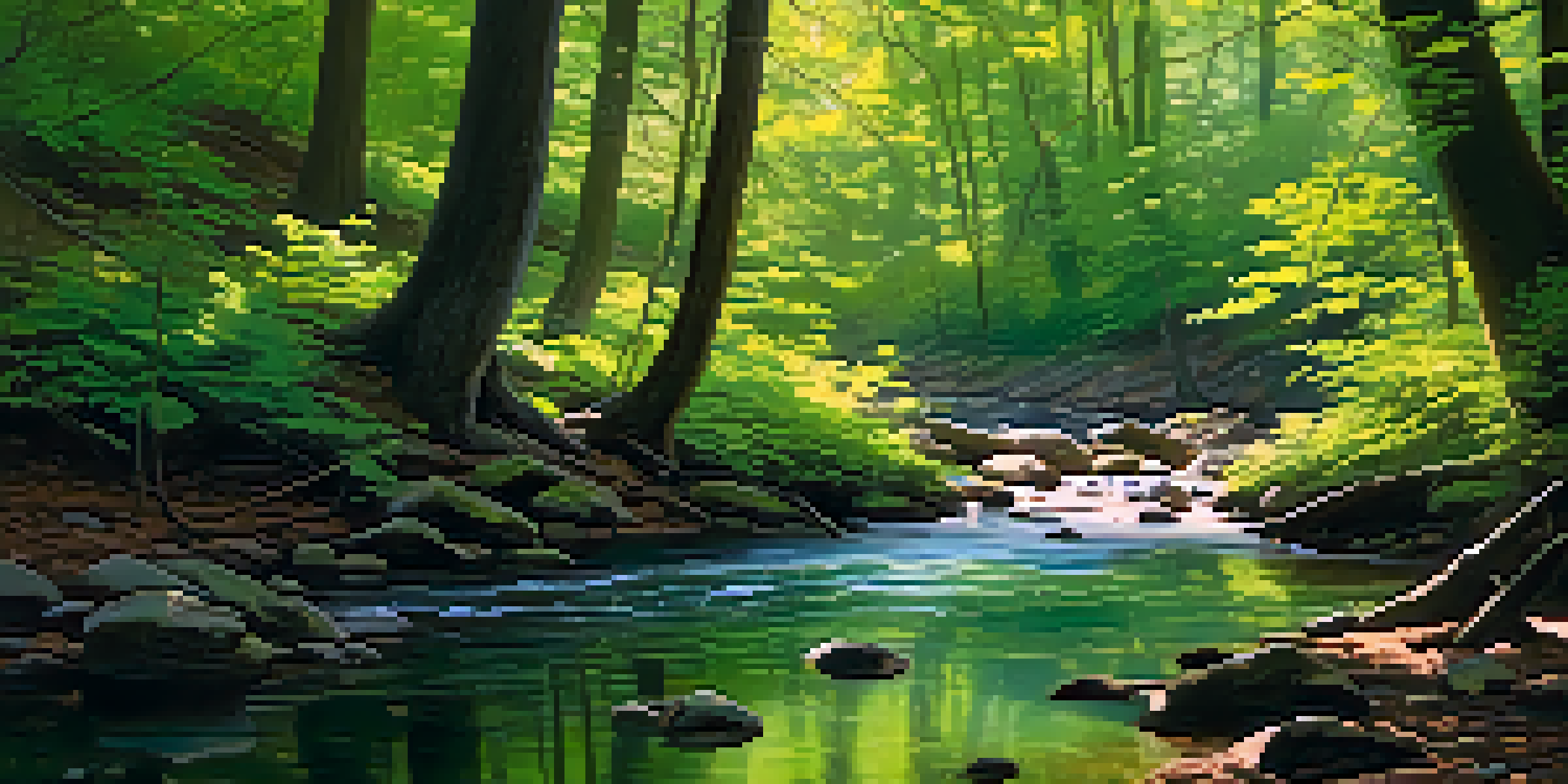A tranquil forest landscape with sunlight filtering through trees and a clear stream in the foreground.