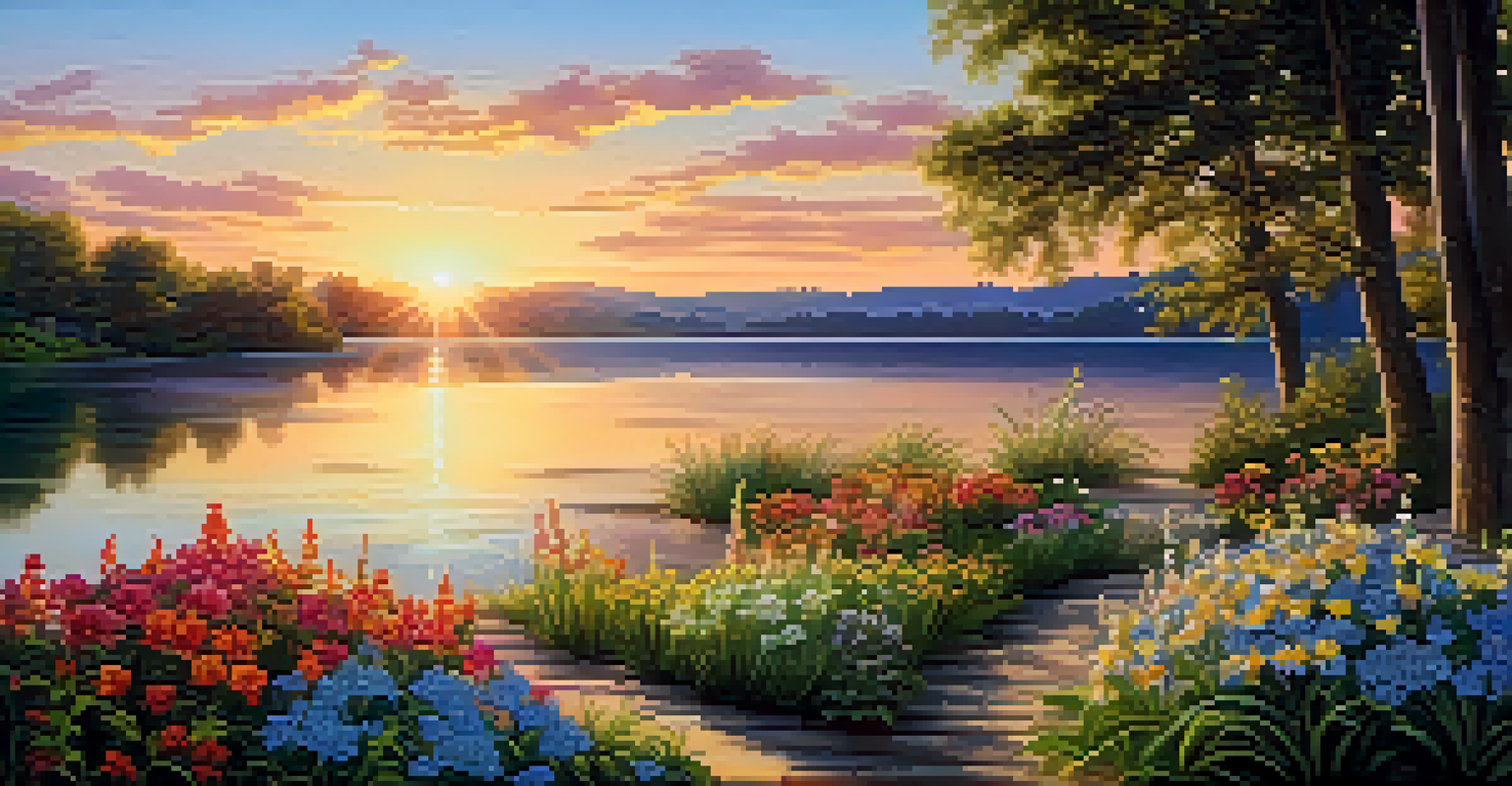 A tranquil lake in nature surrounded by greenery and colorful flowers, with a golden sunset in the background.