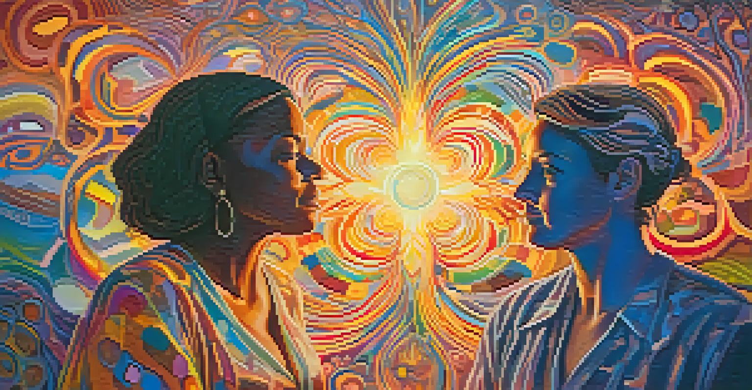 An abstract illustration of the therapeutic alliance in psychedelic therapy, featuring a guiding therapist and a client amidst swirling colors symbolizing exploration.