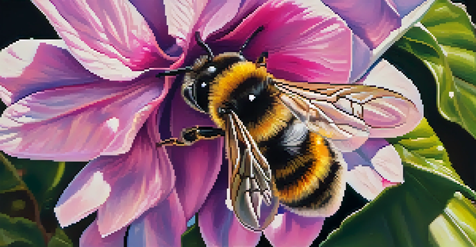 A detailed close-up of a blooming flower with a bee landing on it in a sunny garden.