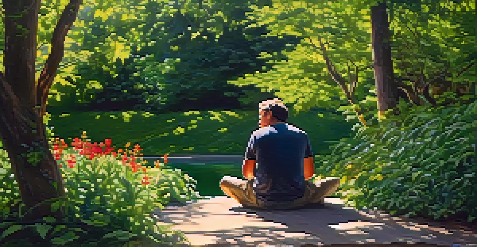 A person sitting in a tranquil outdoor setting, surrounded by greenery and flowers, reflecting in the sunlight.