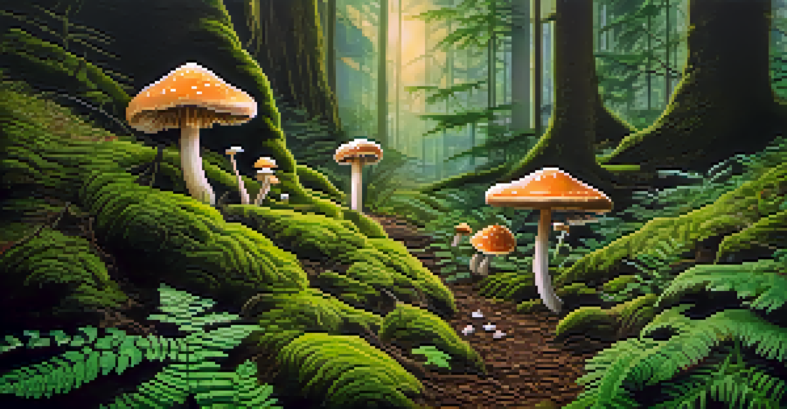 Close-up of psilocybin mushrooms growing on a forest floor surrounded by ferns and moss.