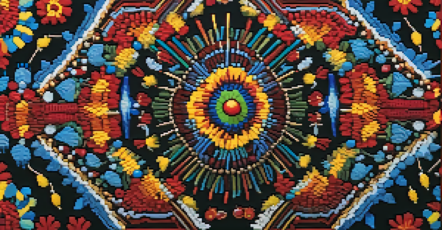 Intricate beadwork art with bright colors and detailed patterns, displayed on a dark wooden background.