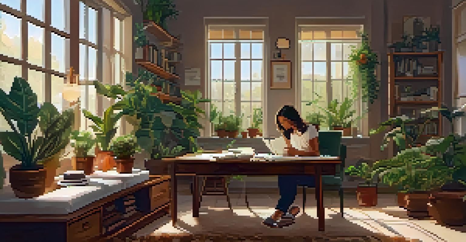 An individual journaling about body image in a cozy indoor space filled with plants and warm lighting.