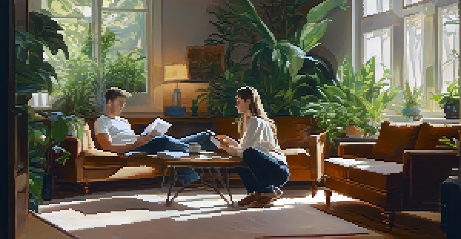 Two people sitting on a couch in a cozy indoor space, sharing a reflective moment while holding a journal.