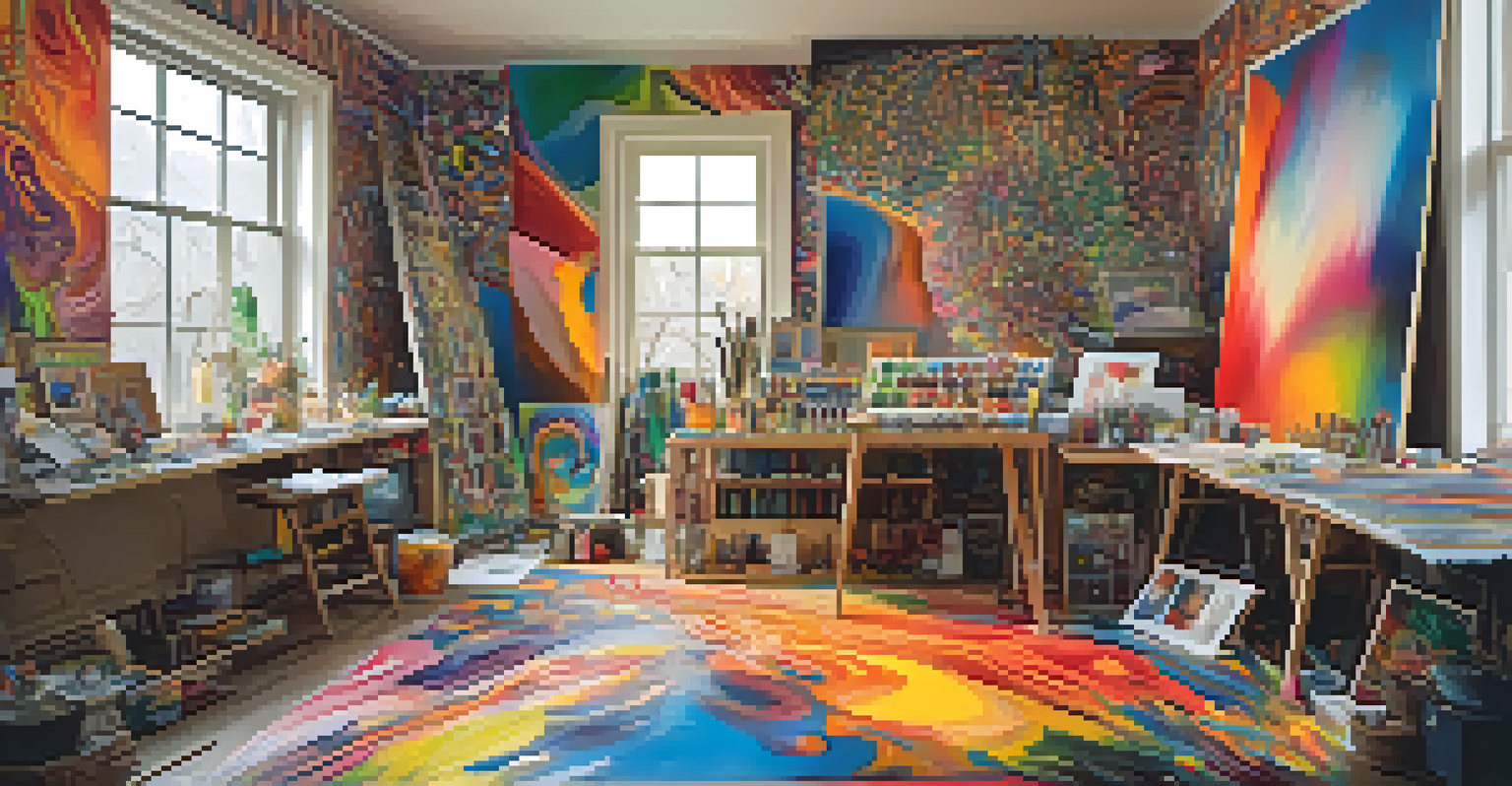 An artist's studio showcasing colorful abstract paintings, brushes, and canvases under natural light.