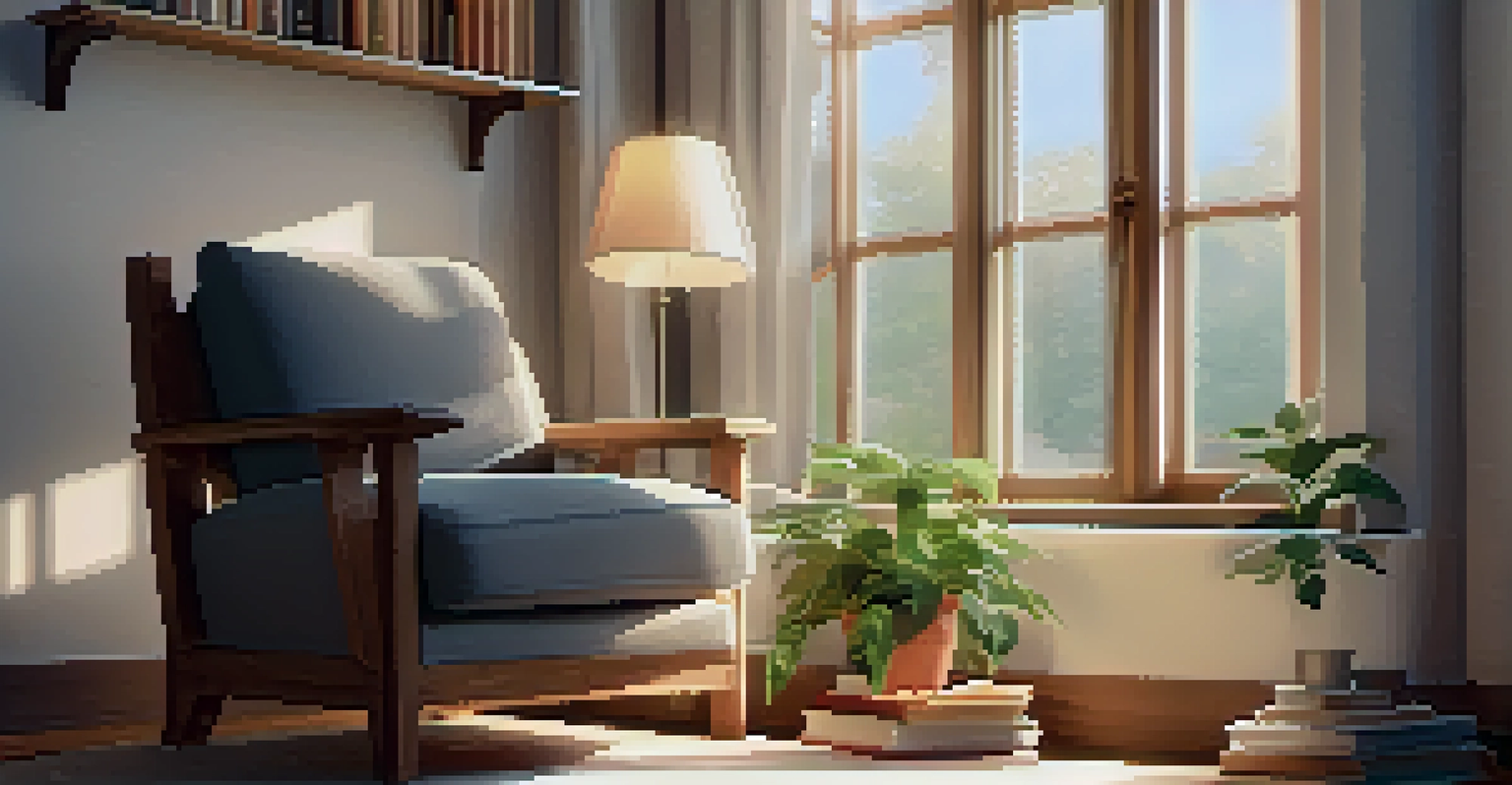 A cozy reading nook with an armchair, books, and sunlight coming through a window.