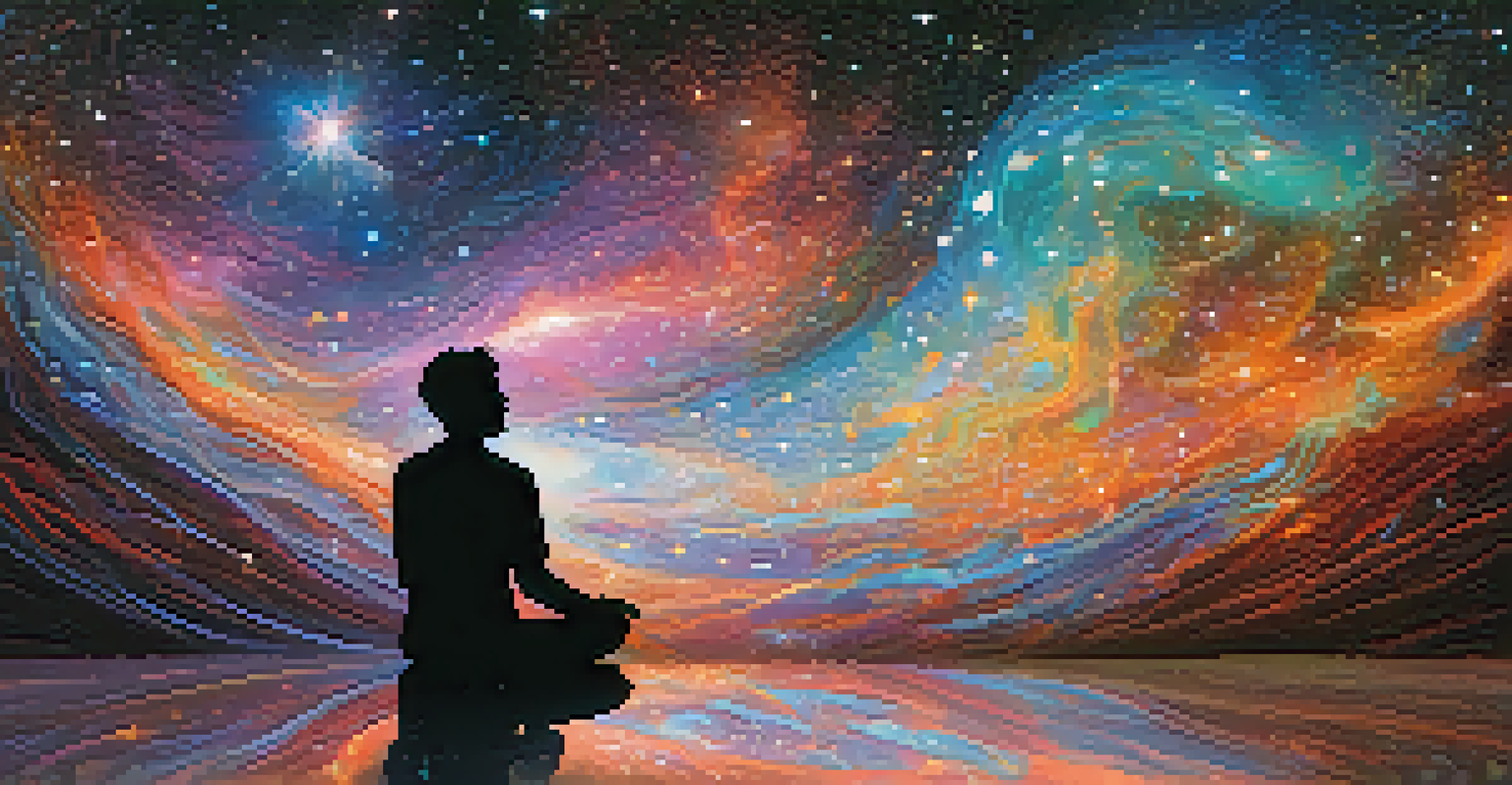 An abstract image of a meditating silhouette against a cosmic background, filled with stars and swirling colors representing interconnectedness and spiritual journey.