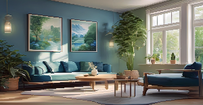 A tranquil meditation room with soft lighting, plants, and calming artwork, showcasing a person meditating in a peaceful environment.