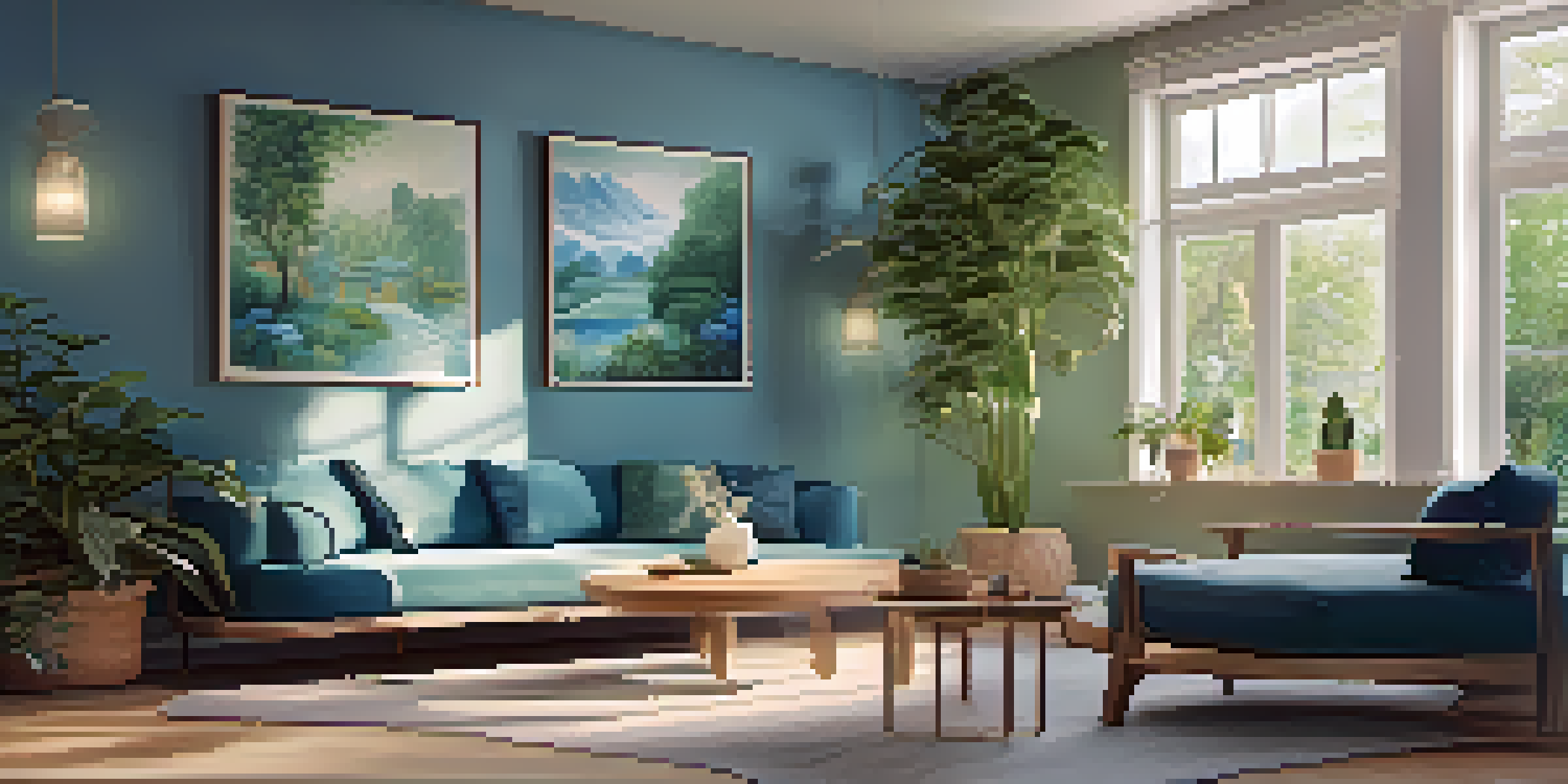 A tranquil meditation room with soft lighting, plants, and calming artwork, showcasing a person meditating in a peaceful environment.