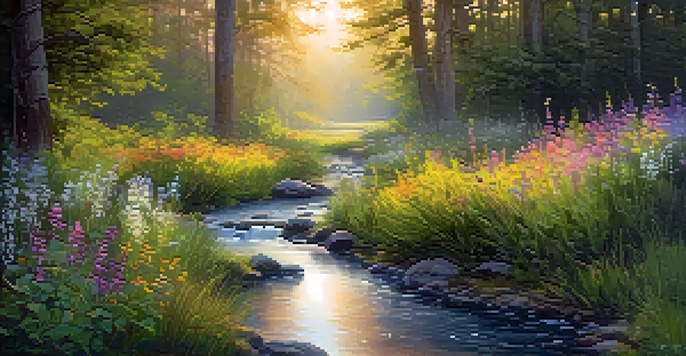 A peaceful forest at dawn with golden light, colorful wildflowers, and a winding stream.