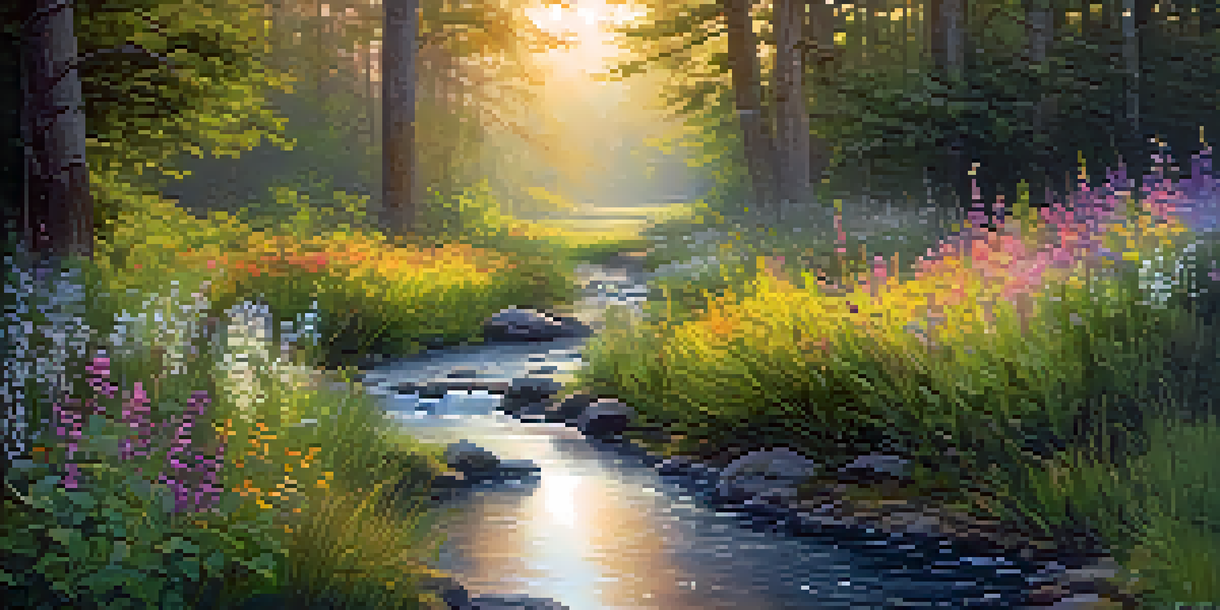 A peaceful forest at dawn with golden light, colorful wildflowers, and a winding stream.