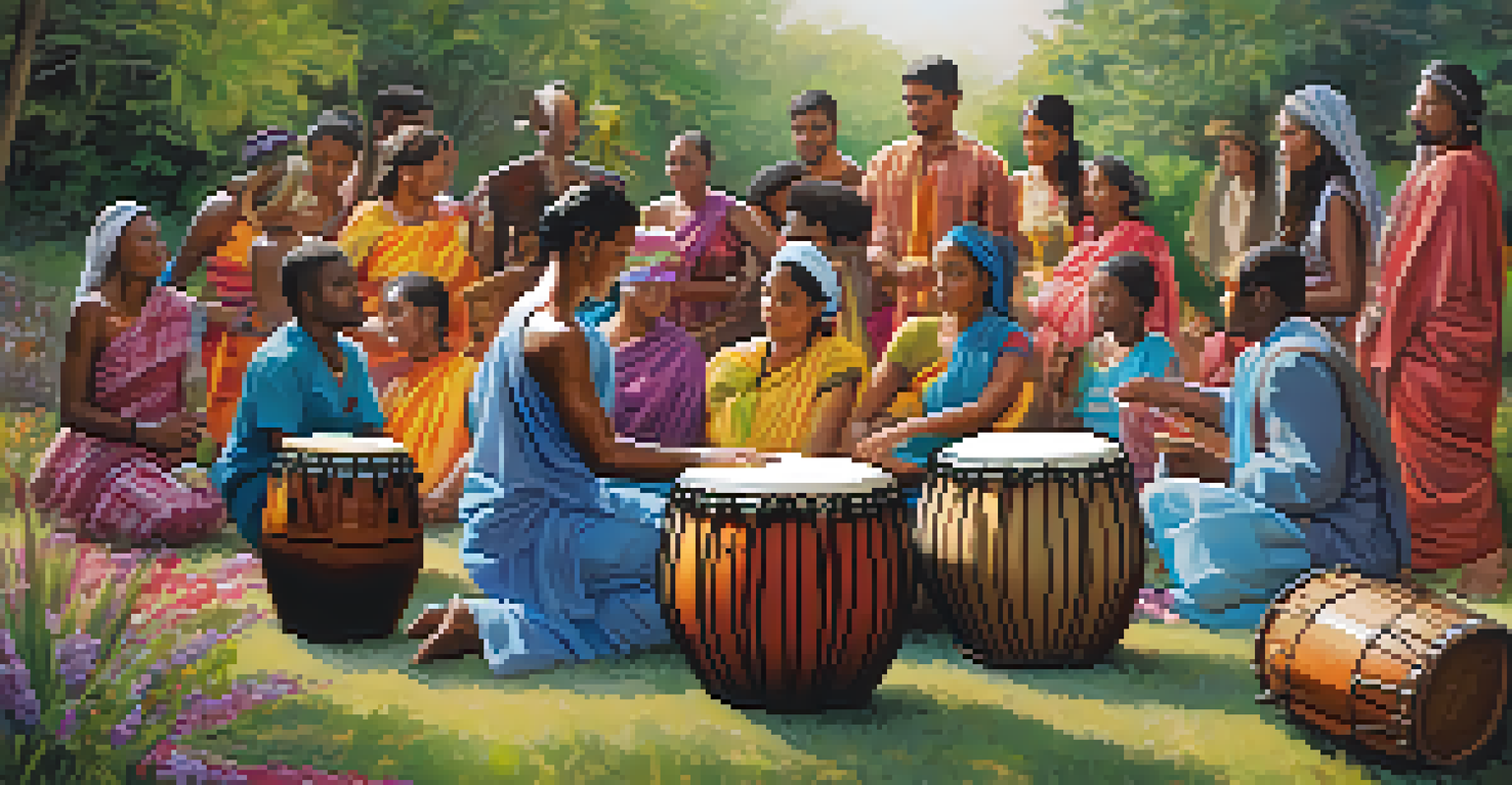 A group of diverse individuals participating in a creative ritual outdoors, surrounded by nature, drums, and colorful decorations.