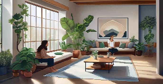 A peaceful indoor environment for mindfulness practice with soft lighting and comfortable seating, where people are participating in a group activity.