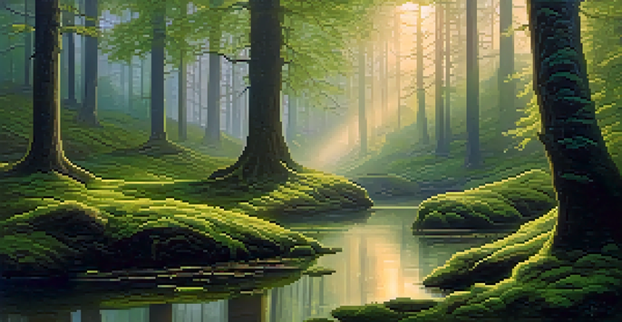 A tranquil forest at dawn, with mist, sunlight filtering through trees, and a pond reflecting the scenery.