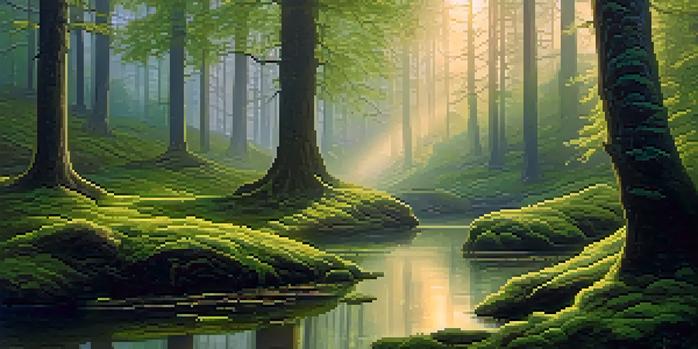 A tranquil forest at dawn, with mist, sunlight filtering through trees, and a pond reflecting the scenery.
