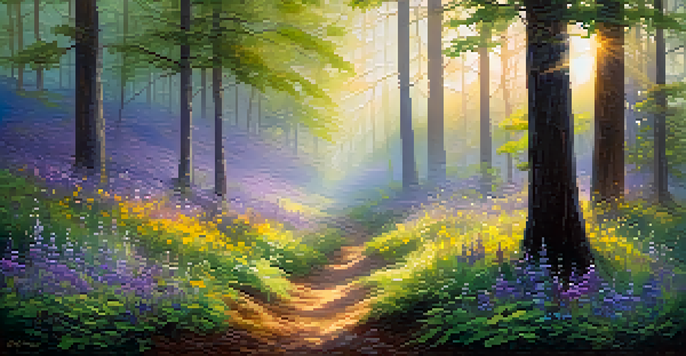 A tranquil forest at dawn with sunlight filtering through trees and colorful wildflowers.