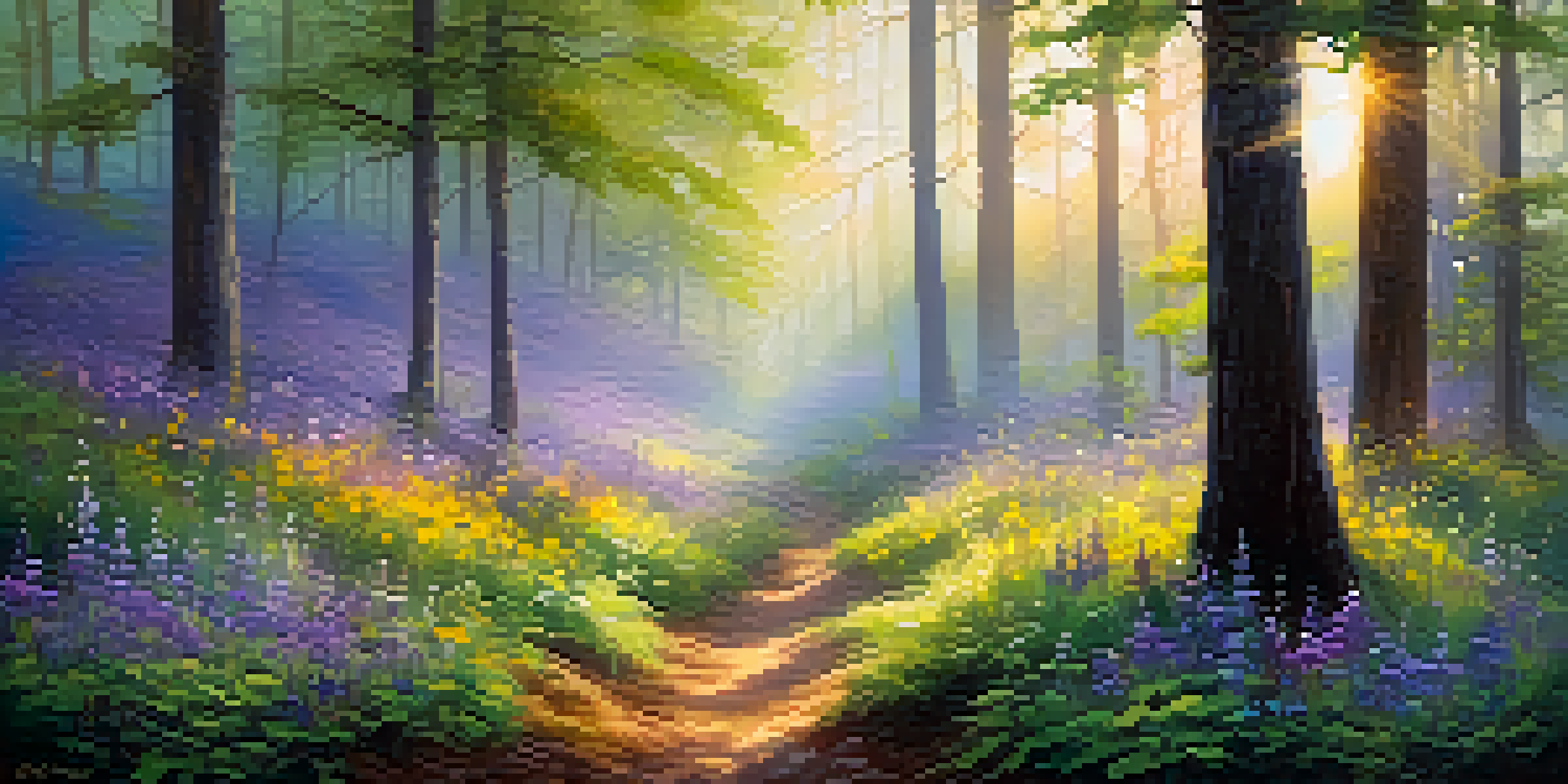 A tranquil forest at dawn with sunlight filtering through trees and colorful wildflowers.